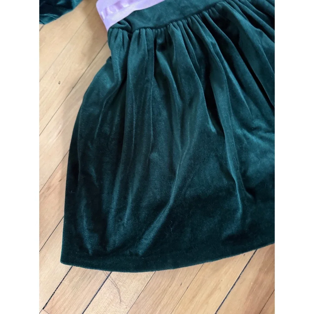 Vintage Bonnie Jean green velour white lace tie back bow holiday dress girls